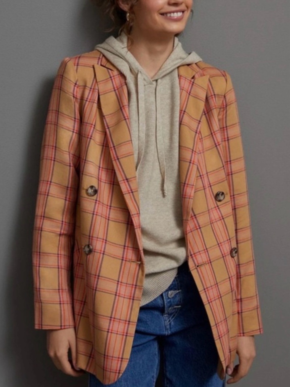 Anthropologie Maeve Victoria Plaid Blazer Oversized Size XS